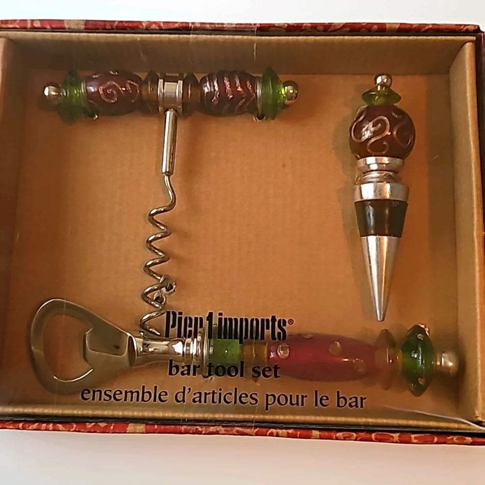 Vintage Pier 1 Imports Handmade Glass 3 Piece Bar Tools Set NIB Retro Barware